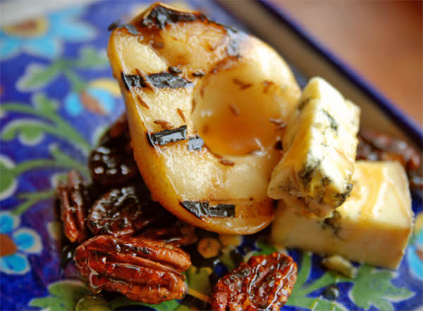 Cumin Grilled Pears with Stilton and Caramelized Pecans