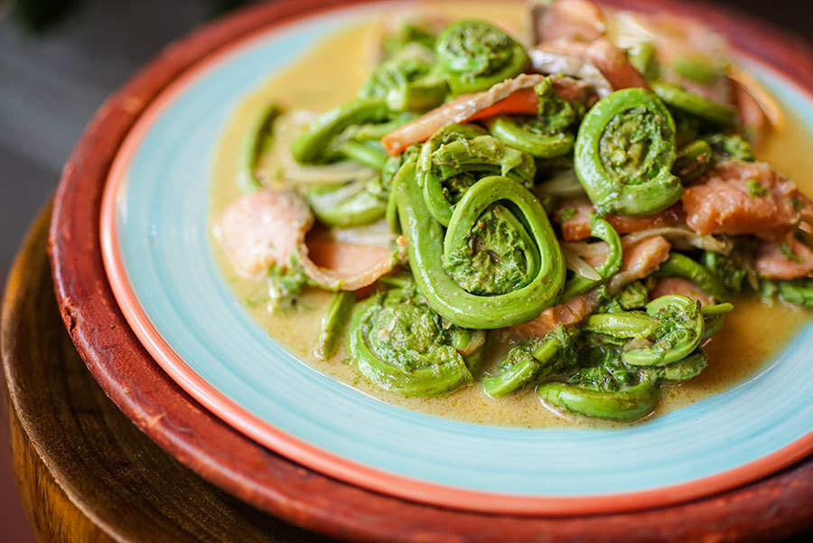 Sumatra Style Fiddleheads with Smoked Salmon