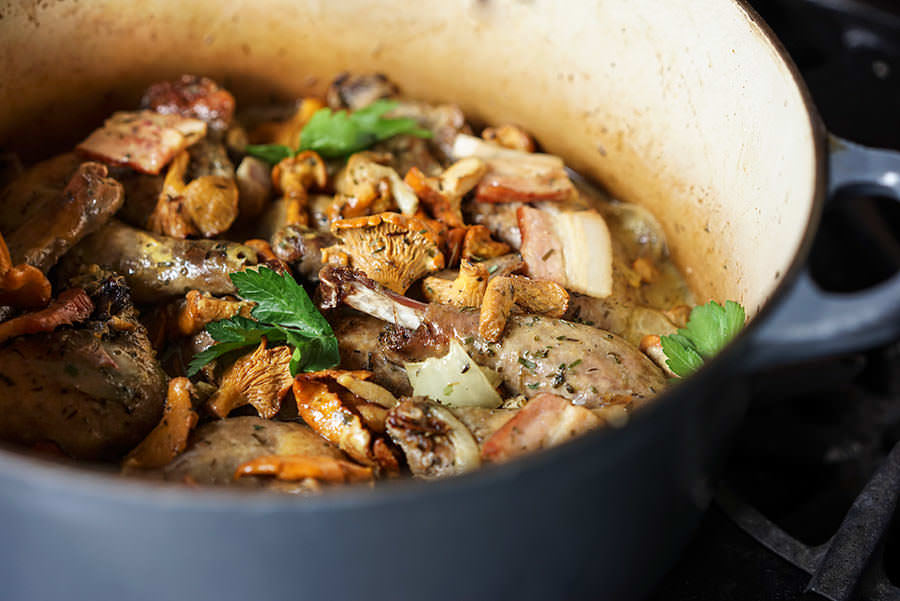 Guinea hen with chanterelles