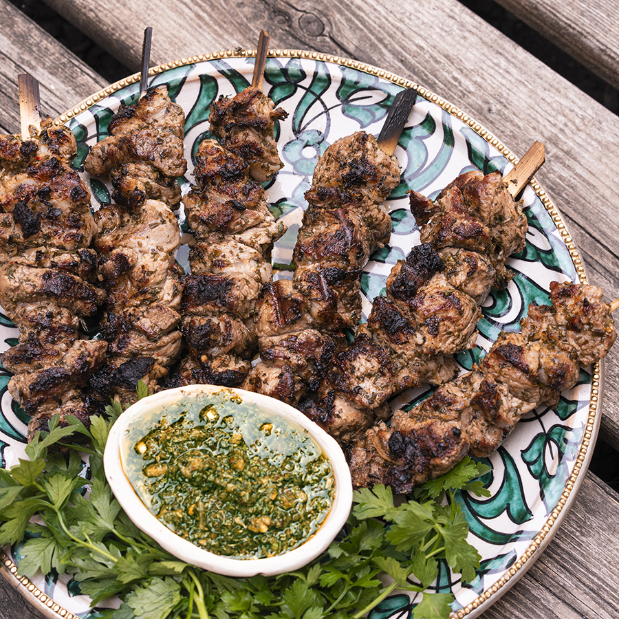 Chimichurri lamb skewers