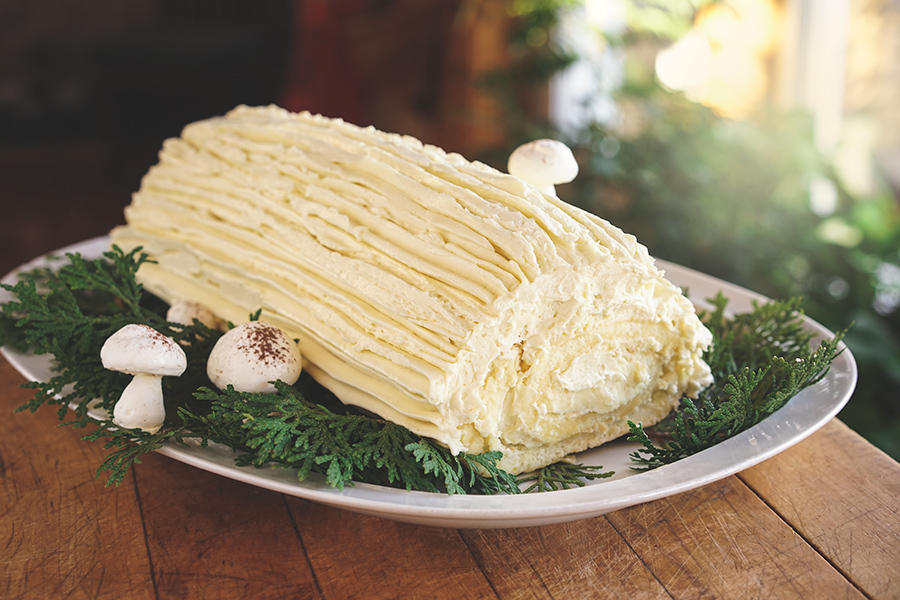 Balsam fir tips and lemon Yule log 