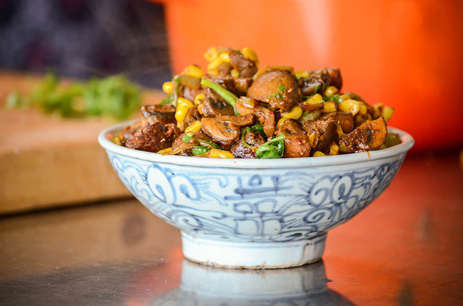 Mushrooms and corn with cilantro