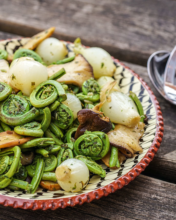 Fiddleheads with Mushrooms and Quebec Herbs