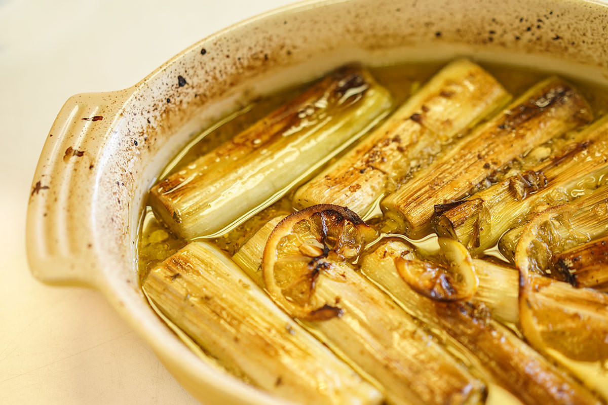 Lemon and olive oil braised leeks