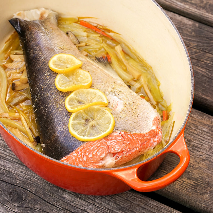 Salmon Tail and Mixed Vegetables en Cocotte