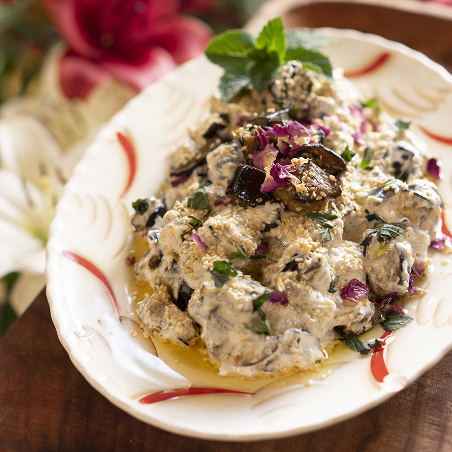 Eggplant salad with atraf at-tib yogourt