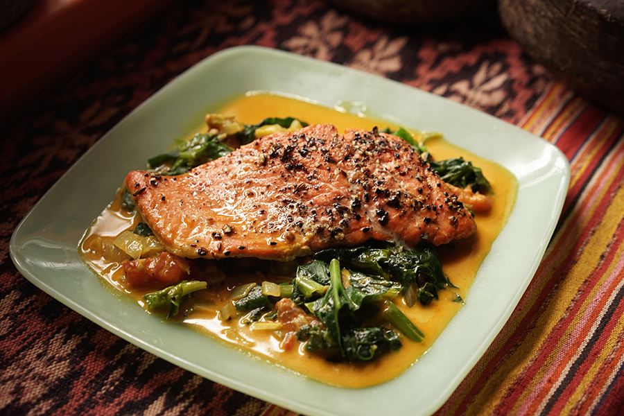 Panch phoran tomato and spinach salmon